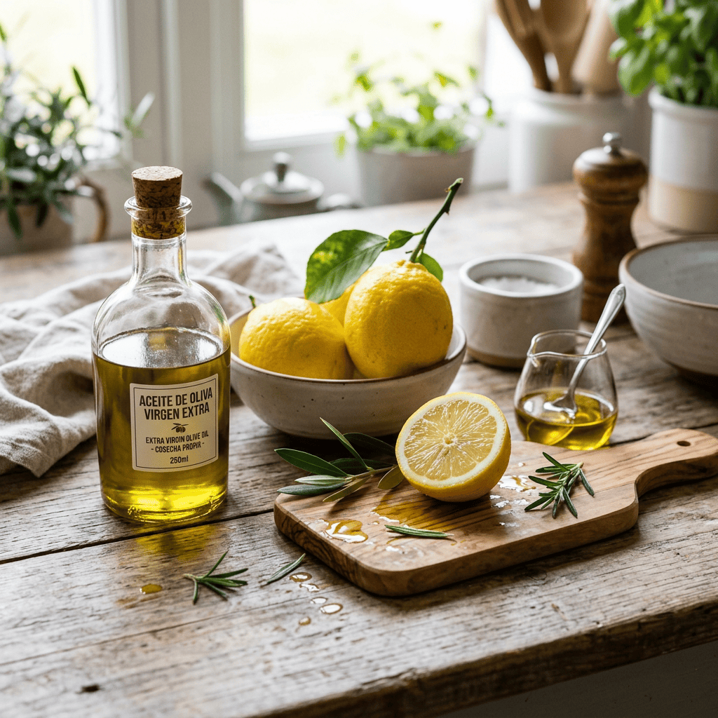 Imagen actual: Bottle of extra virgin olive oil, lemons in a bowl, halved lemon on wooden board with herbs