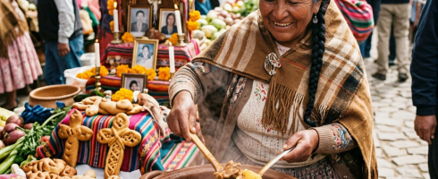Woman ladling Andean soup from a pot at outdoor market stall with breads and flowers