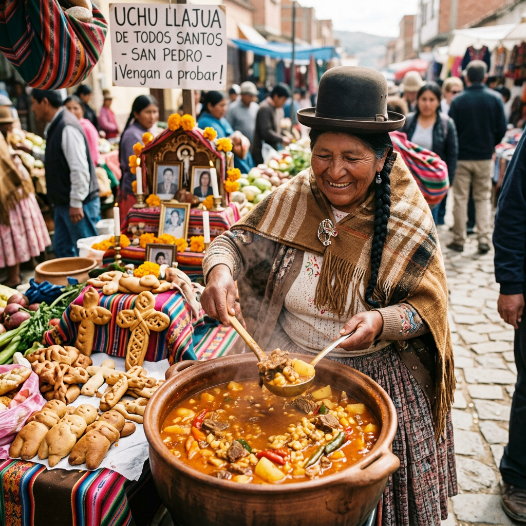 Imagen actual: Woman ladling Andean soup from a pot at outdoor market stall with breads and flowers
