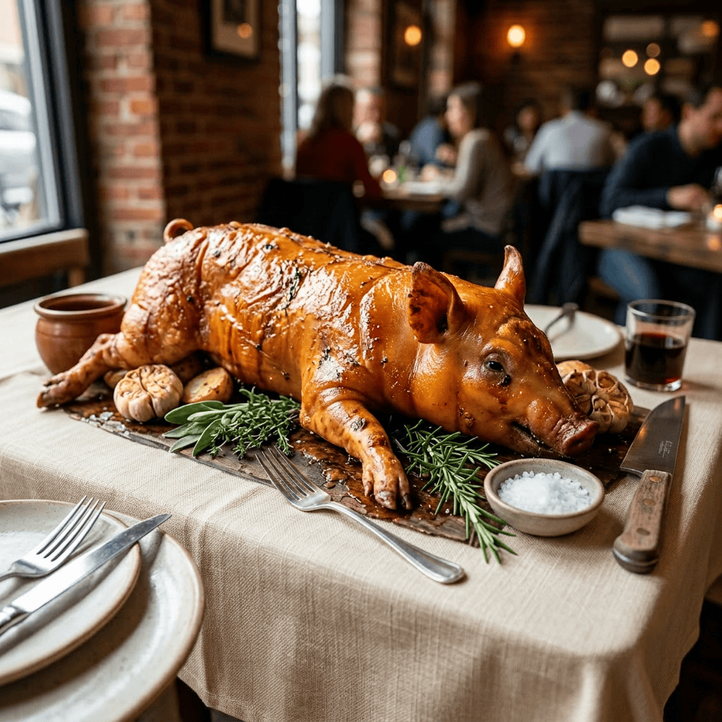 Imagen actual: Roasted whole pig on a wooden board with herbs, garlic, salt, and a knife
