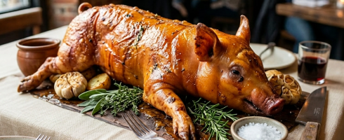Roasted whole pig on a wooden board with herbs, garlic, salt, and a knife