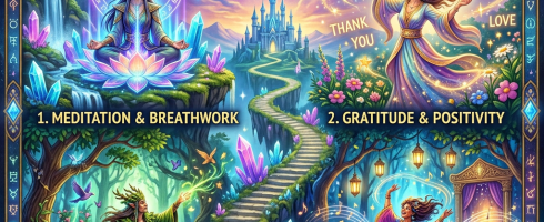 Four illustrated ways to raise energy: meditation, gratitude, nature, movement