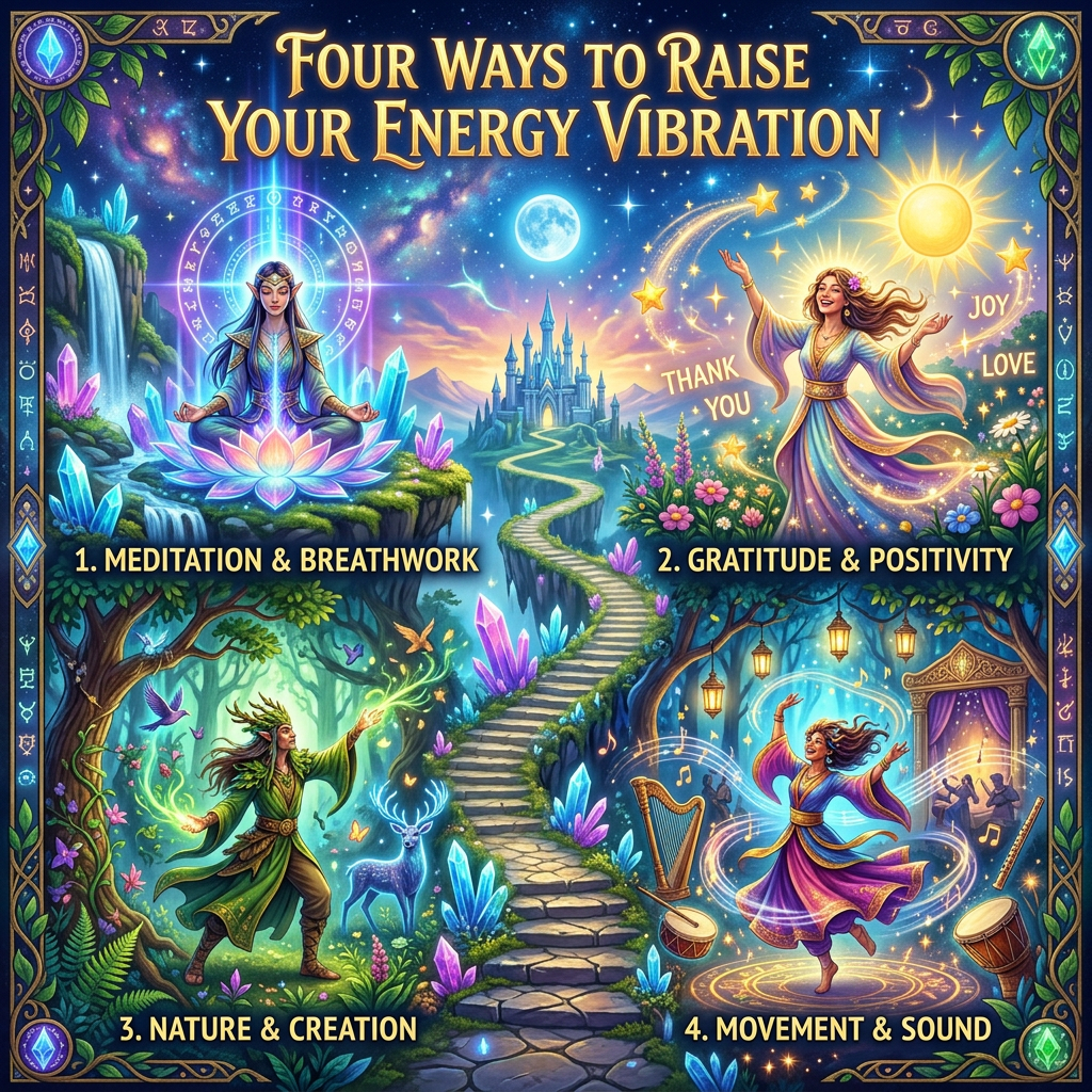 Imagen actual: Four illustrated ways to raise energy: meditation, gratitude, nature, movement