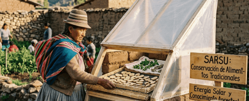 Woman placing food in solar dryer for traditional preservation in rural village