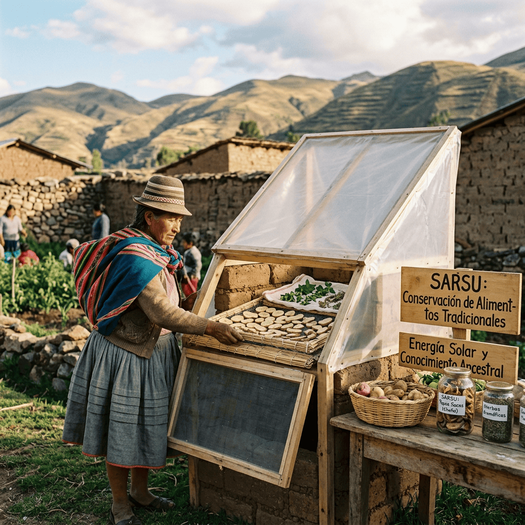Imagen actual: Woman placing food in solar dryer for traditional preservation in rural village