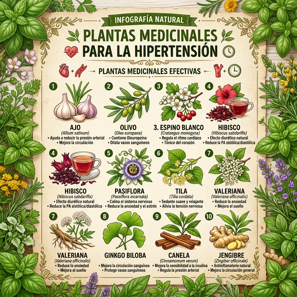 Imagen actual: Illustrations of ten medicinal plants with their names, scientific names, and hypertension-related benefits in Spanish.