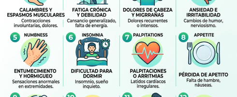 Twelve signs of magnesium deficiency with icons and descriptions such as muscle cramps, fatigue, headaches, agitation, numbness, insomnia, palpitations, appetite loss, brain fog, eye twitch, bone issues, and digestive problems.