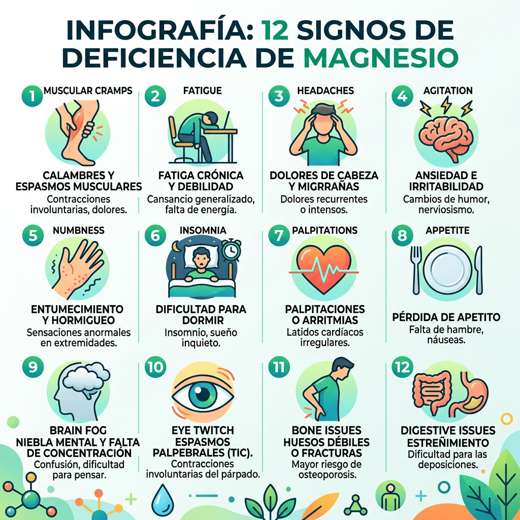 Imagen actual: Twelve signs of magnesium deficiency with icons and descriptions such as muscle cramps, fatigue, headaches, agitation, numbness, insomnia, palpitations, appetite loss, brain fog, eye twitch, bone issues, and digestive problems.