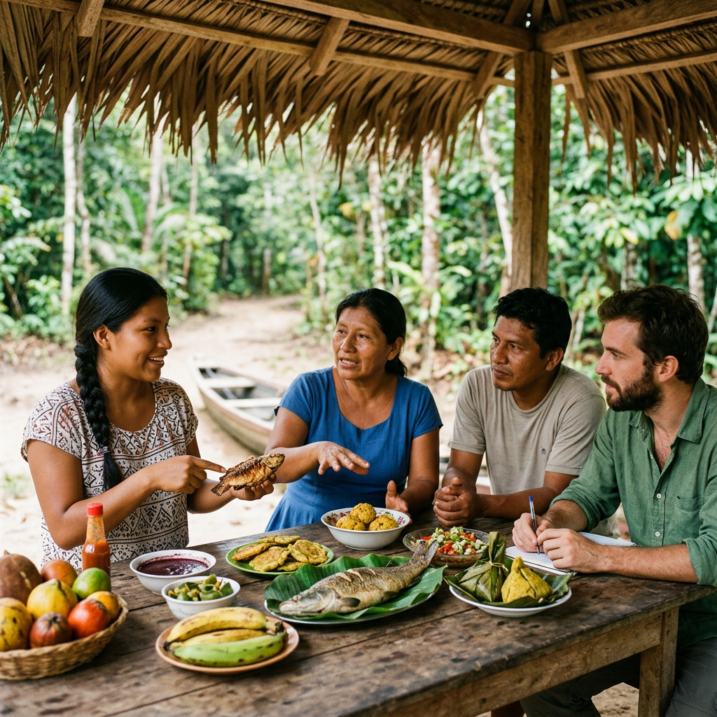 Imagen actual: Four people sitting at a wooden table with traditional Amazonian food dishes