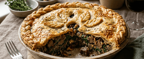Savory meat pie with braided crust and leaf-shaped pastry decorations, a slice cut out showing meat, spinach, and nuts inside.