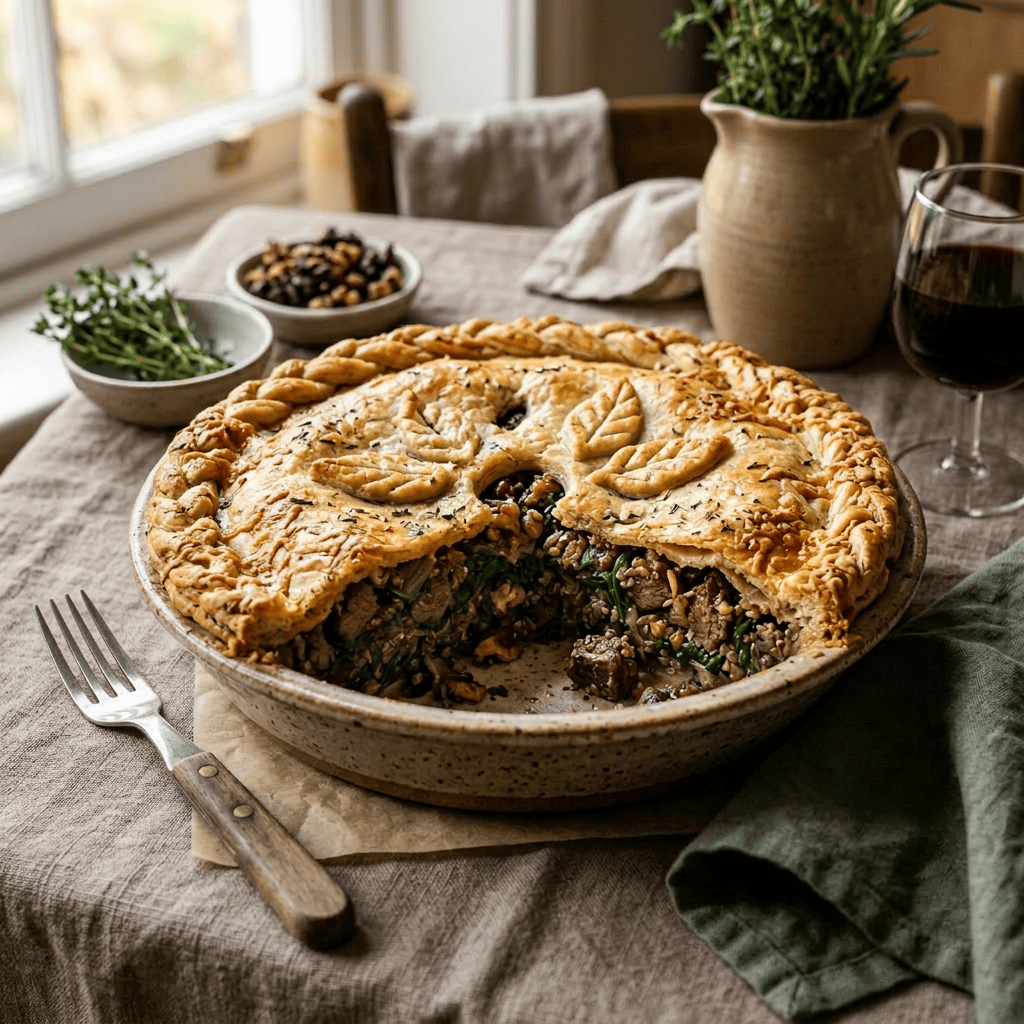 Imagen actual: Savory meat pie with braided crust and leaf-shaped pastry decorations, a slice cut out showing meat, spinach, and nuts inside.