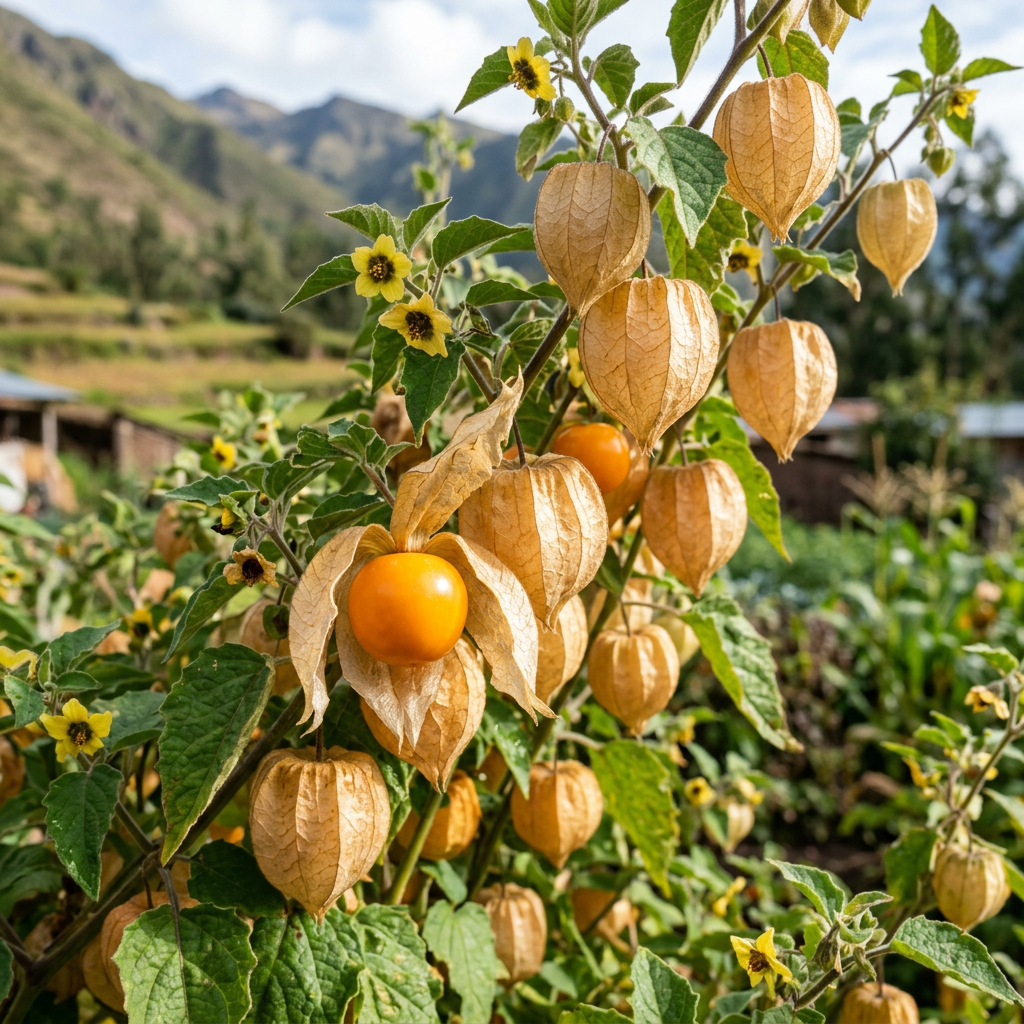 Imagen actual: Golden Physalis fruits enclosed in papery husks on green leafy plants with yellow flowers.