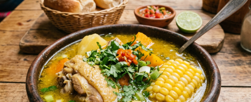 Bowl of chicken soup with corn, potatoes, carrots, and herbs