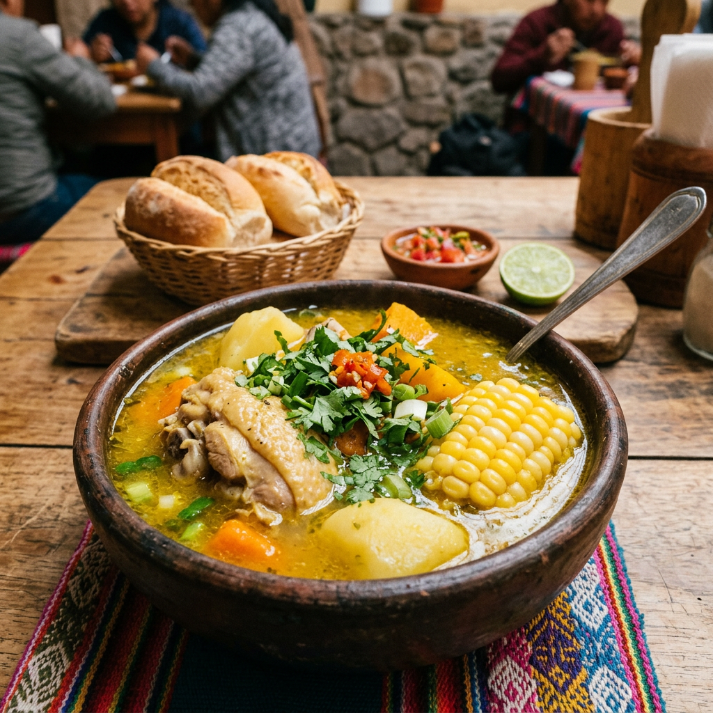 Imagen actual: Bowl of chicken soup with corn, potatoes, carrots, and herbs