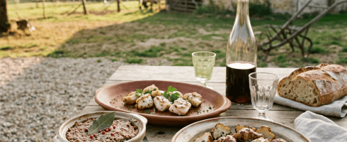 Wooden table with ceramic dishes of food, a bottle of wine, glasses, and bread outdoors by a farmhouse