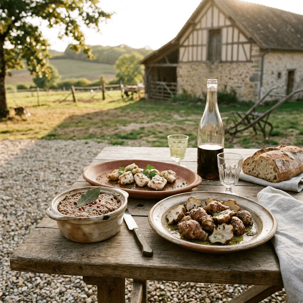 Imagen actual: Wooden table with ceramic dishes of food, a bottle of wine, glasses, and bread outdoors by a farmhouse