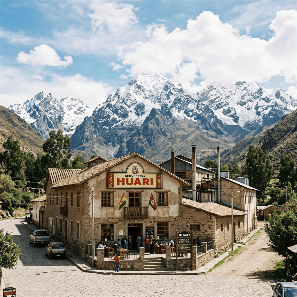 Imagen actual: Cervecería Huari brewery building with Bolivian and regional flags and people outside, set against snow-covered mountain range.