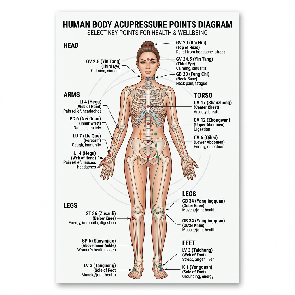 Imagen actual: Diagram of human body with labeled acupressure points and their health benefits