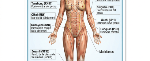 Human body with labeled acupuncture points and meridians in Spanish