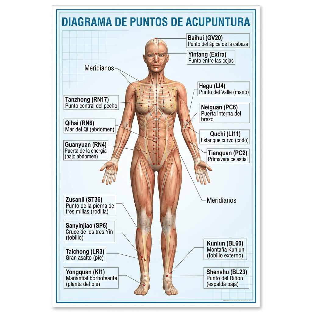 Imagen actual: Human body with labeled acupuncture points and meridians in Spanish