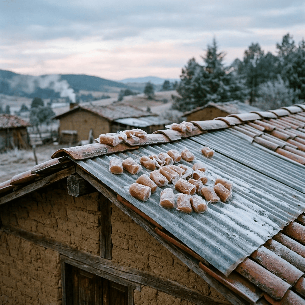 Imagen actual: Several frozen candies on sticks drying on a corrugated metal roof dusted with frost.