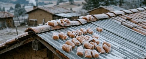 Several frozen candies on sticks drying on a corrugated metal roof dusted with frost.
