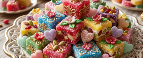 Assorted colorful Moroccan sugar jelly sweets decorated with nuts and floral patterns