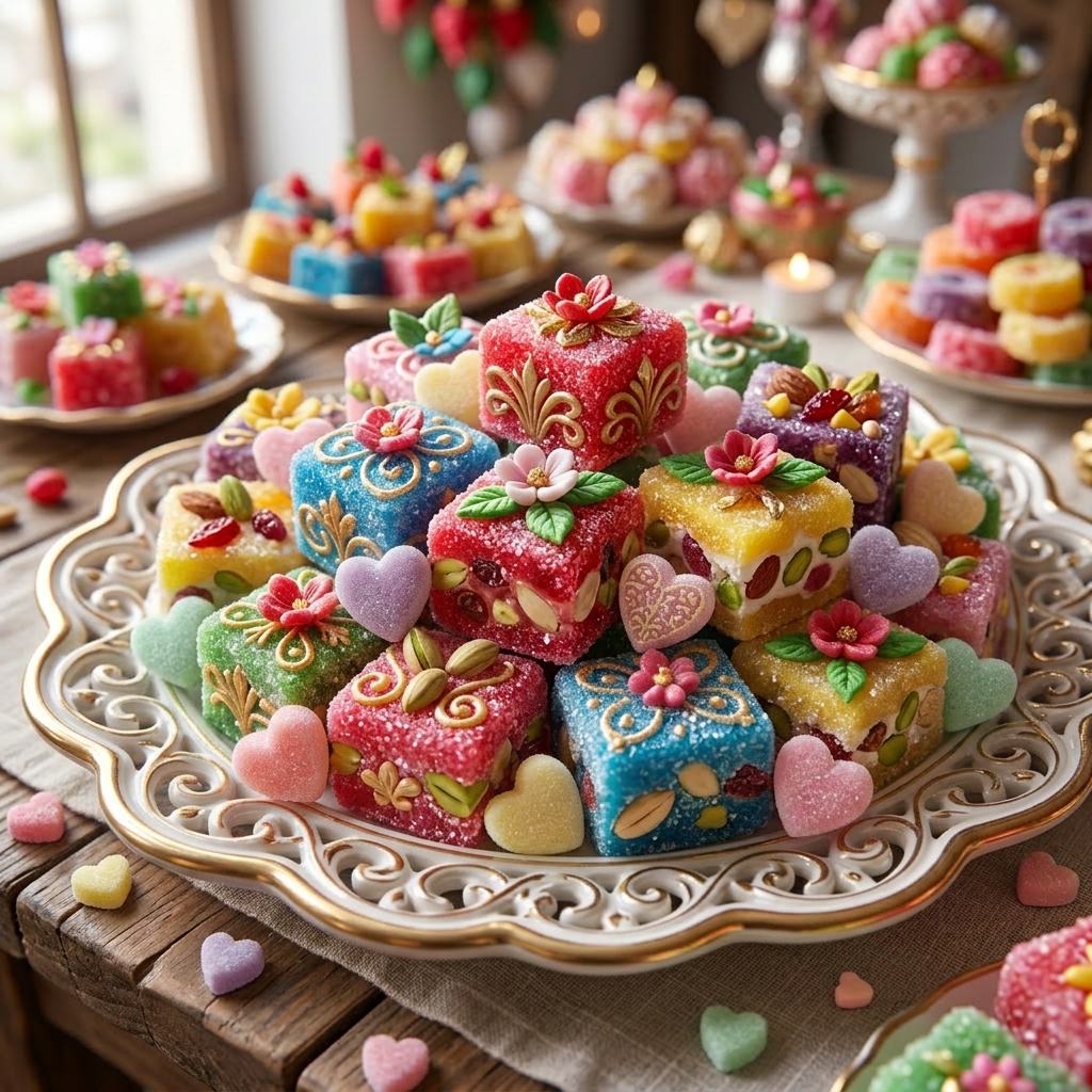 Imagen actual: Assorted colorful Moroccan sugar jelly sweets decorated with nuts and floral patterns
