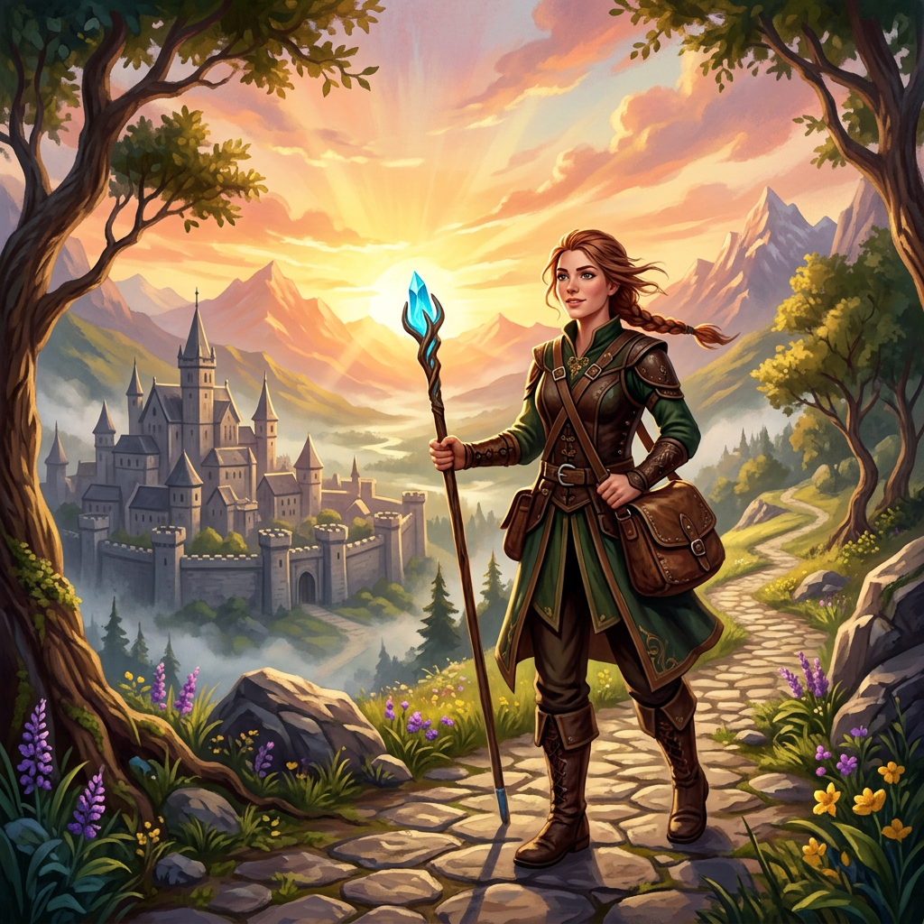 Imagen actual: Female adventurer holding glowing staff walking along a mountain path with castle and sunrise in background