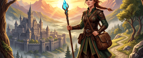 Female adventurer holding glowing staff walking along a mountain path with castle and sunrise in background