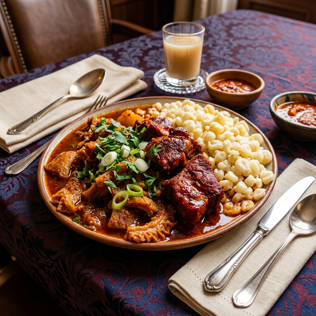 Imagen actual: Menudo soup with beef tripe, hominy, and fresh garnishes on a ceramic plate