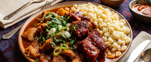 Menudo soup with beef tripe, hominy, and fresh garnishes on a ceramic plate