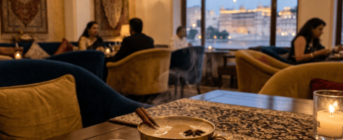 Steaming spiced chai in brass cup on wooden table inside elegant cafe with palace view