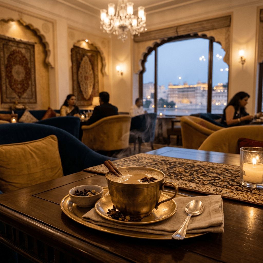 Imagen actual: Steaming spiced chai in brass cup on wooden table inside elegant cafe with palace view