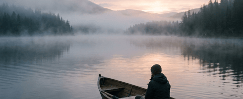 Person sitting alone in a wooden rowboat on a mist-covered lake surrounded by forested hills