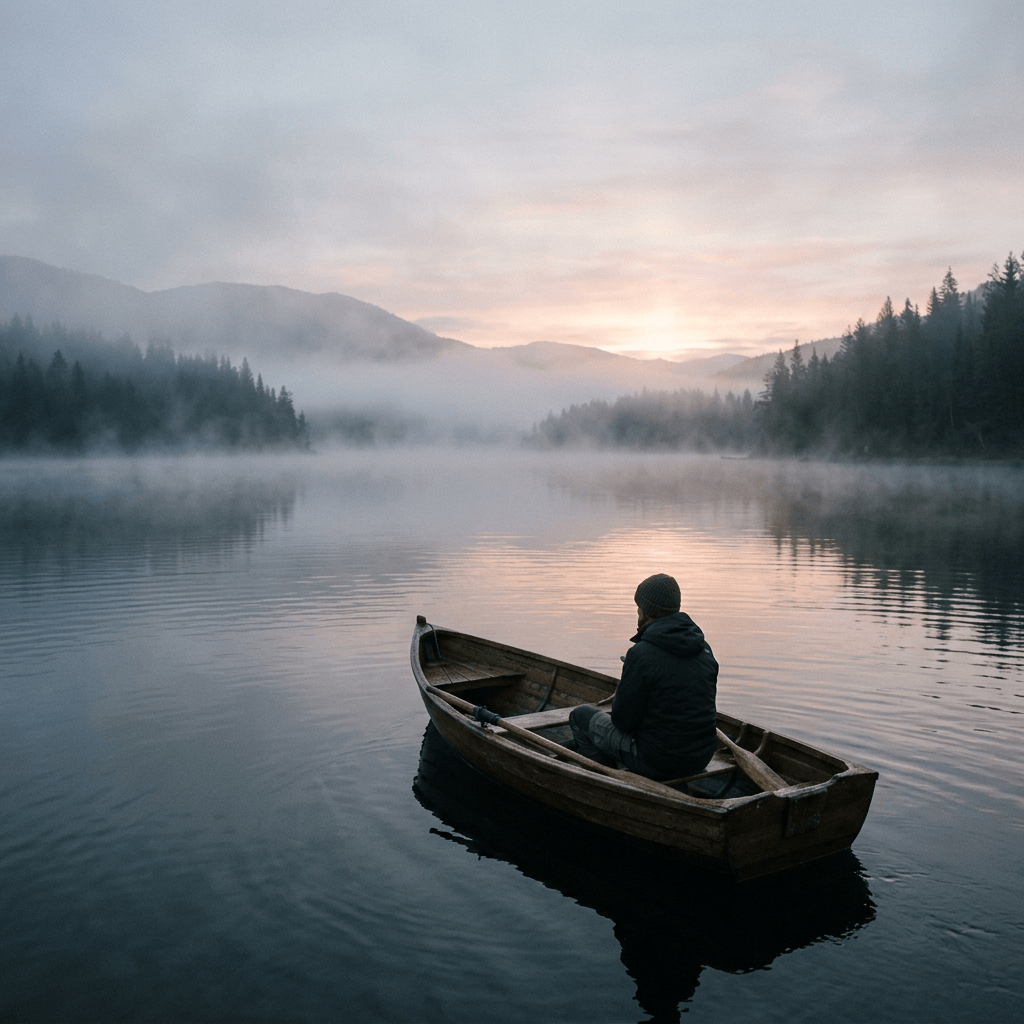 Imagen actual: Person sitting alone in a wooden rowboat on a mist-covered lake surrounded by forested hills