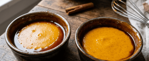 Two bowls filled with smooth pumpkin custard mixture on a wooden table with cinnamon stick, vanilla extract bottle, and whisk in the background