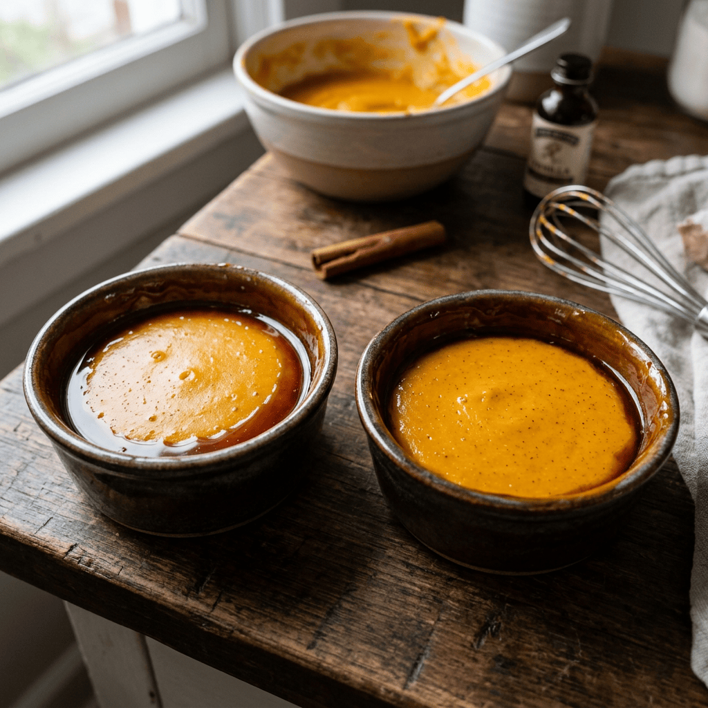 Imagen actual: Two bowls filled with smooth pumpkin custard mixture on a wooden table with cinnamon stick, vanilla extract bottle, and whisk in the background