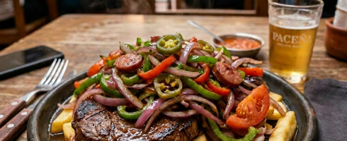 Plate with grilled steak, fried eggs, sautéed onions and peppers, tomato, and fries