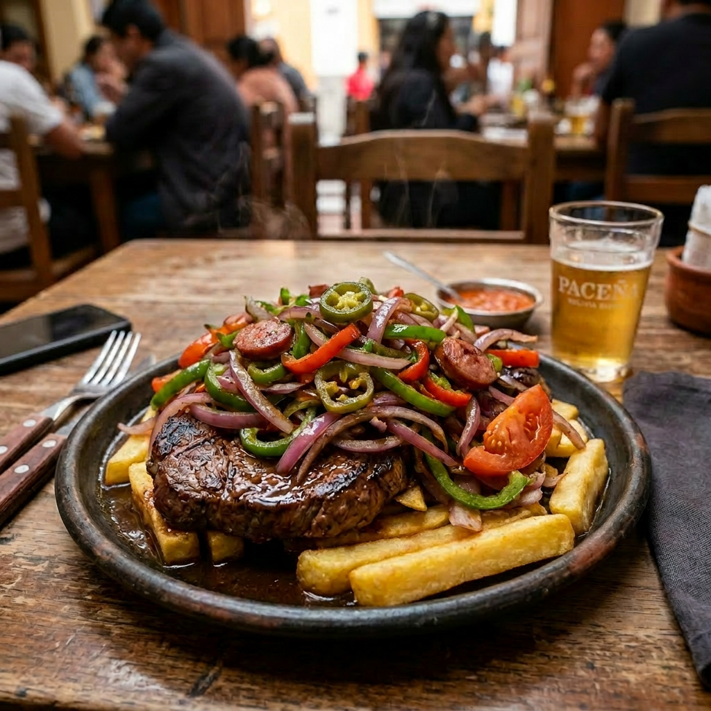 Imagen actual: Plate with grilled steak, fried eggs, sautéed onions and peppers, tomato, and fries