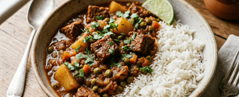 Bowl of beef stew with potatoes, peas, carrots, topped with chopped herbs, served with white rice and lime wedge.