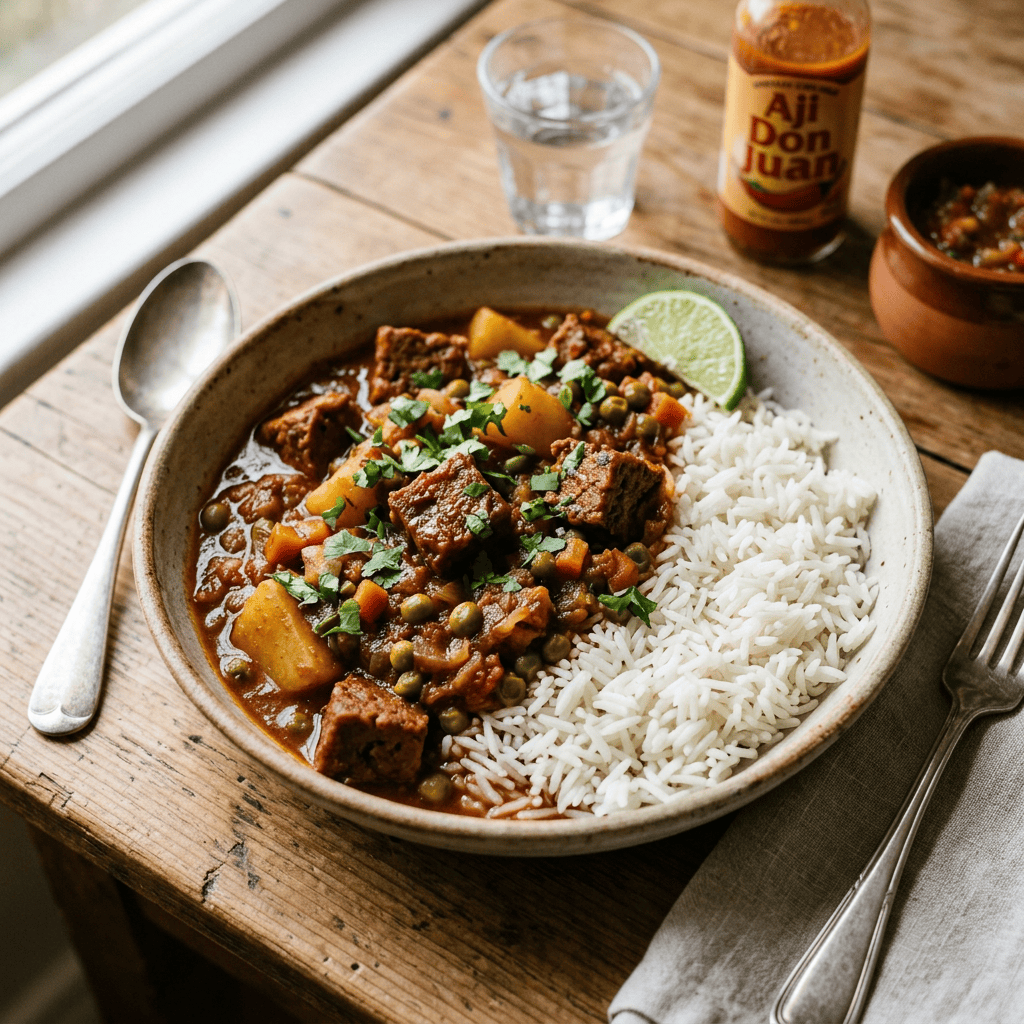 Imagen actual: Bowl of beef stew with potatoes, peas, carrots, topped with chopped herbs, served with white rice and lime wedge.
