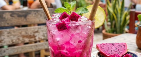 Glass of pink dragon fruit cocktail with ice, lime slice, mint, and wooden straws on wooden table