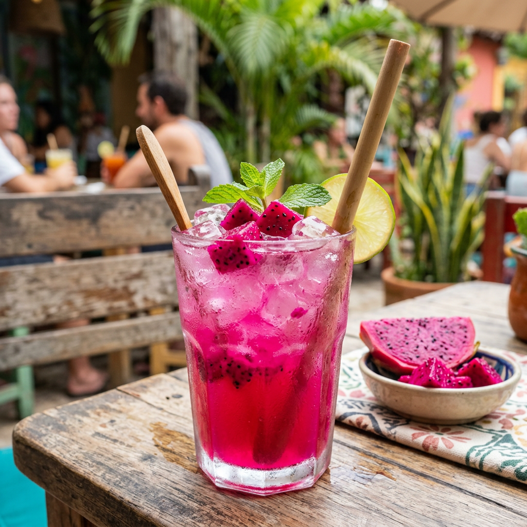Imagen actual: Glass of pink dragon fruit cocktail with ice, lime slice, mint, and wooden straws on wooden table