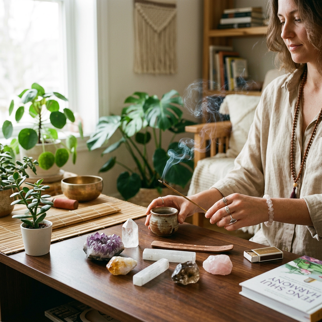 Imagen actual: Feng Shui energy cleansing with incense and crystals