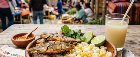 Plate with fried fish, large corn, lime wedges, and a drink on wooden table at outdoor market