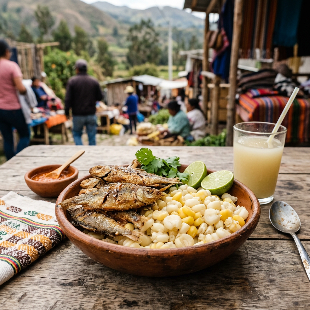 Imagen actual: Plate with fried fish, large corn, lime wedges, and a drink on wooden table at outdoor market