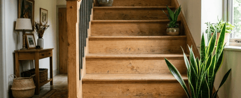 Wooden staircase with multiple potted green plants arranged on steps