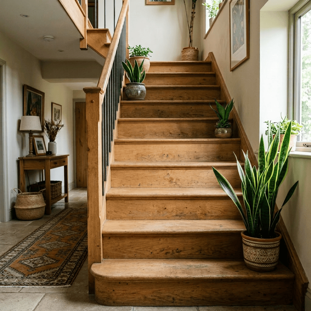 Imagen actual: Wooden staircase with multiple potted green plants arranged on steps