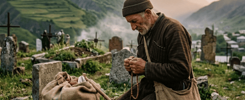 Elderly man kneeling and holding prayer beads in a rural mountain cemetery